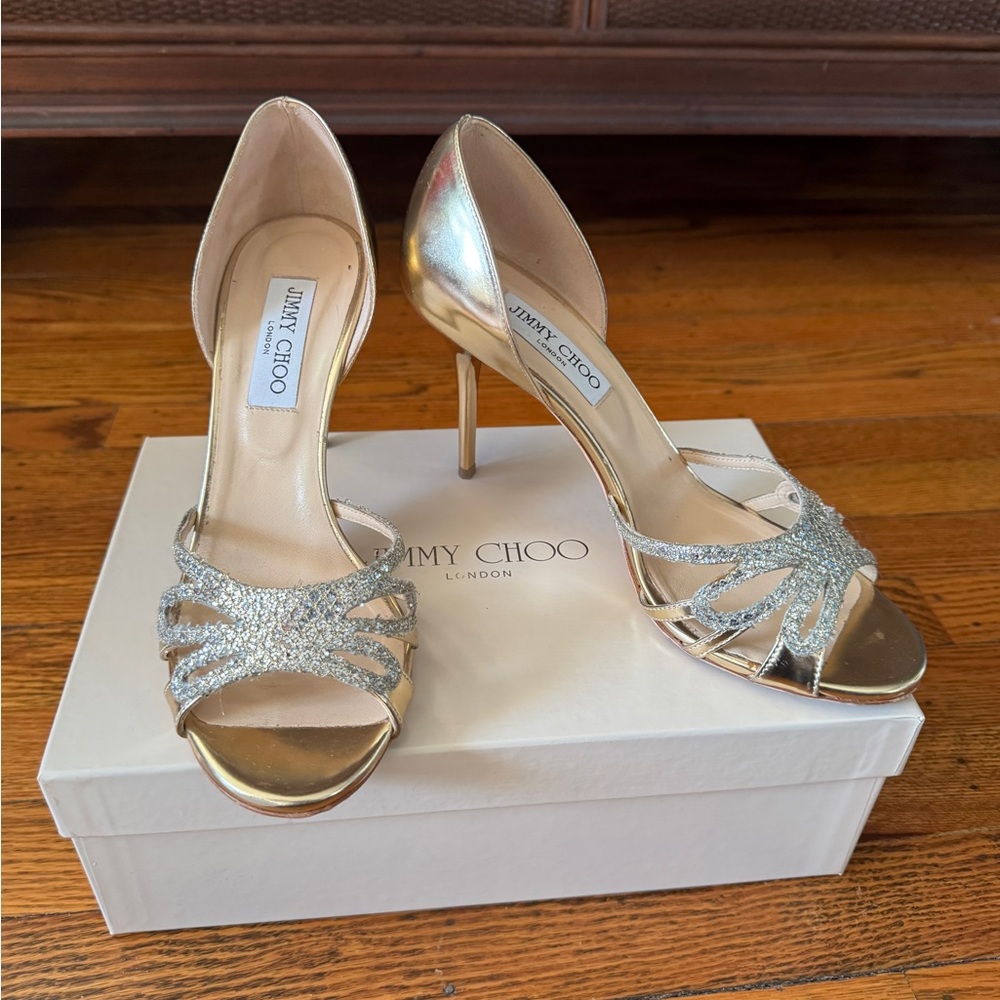 Jimmy Choo gold heels with silver glitter